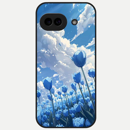  Blue Tulip Clouds Glass Case for Google Pixel 10A back cover – full design glossy printed glass finish