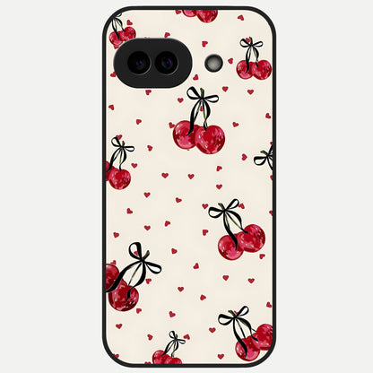  Cherry Heart Bow Glass Case for Google Pixel 10A back cover – full design glossy printed glass finish