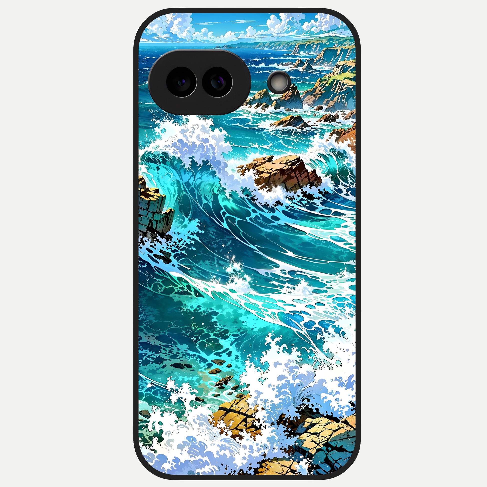  Coastal Blue Waves Glass Case for Google Pixel 10A back cover – full design glossy printed glass finish