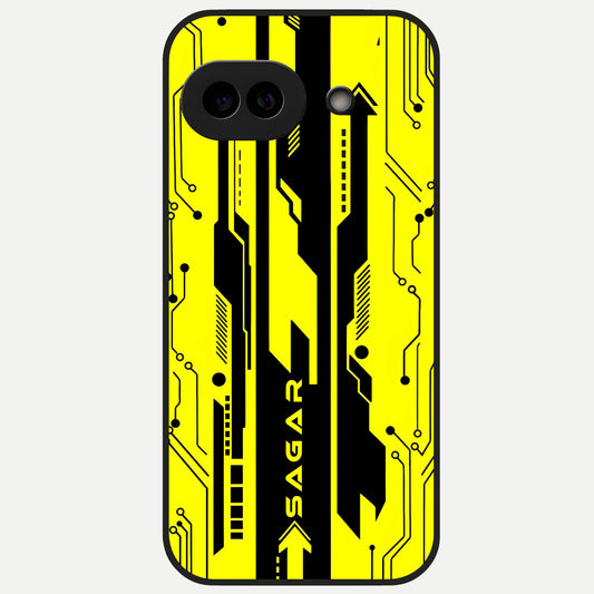 Electric Pulse CYBERPUNK Custom Name Glass Case for Google Pixel 10A back cover – full design glossy printed glass finish