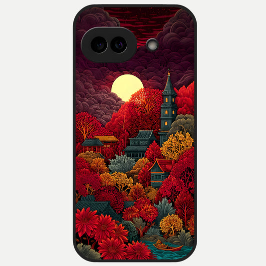  Scarlet Autumn Temple Glass Case for Google Pixel 10A back cover – full design glossy printed glass finish