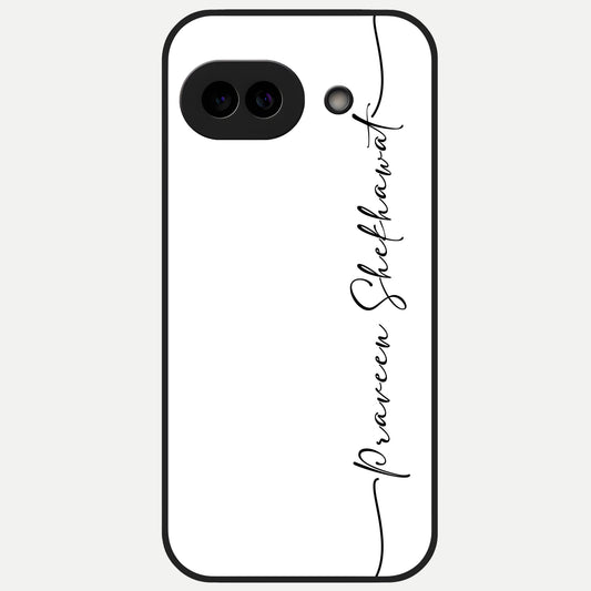  White Tune Custom Name Glass Case for Google Pixel 10A back cover – personalized glossy printed glass finish