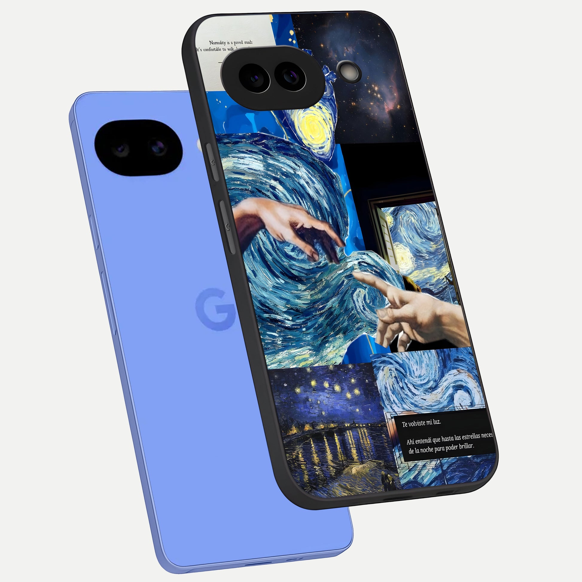 Aesthetic Vando Hands phone case for Google Pixel 10A showing premium glass back cover with detailed artwork