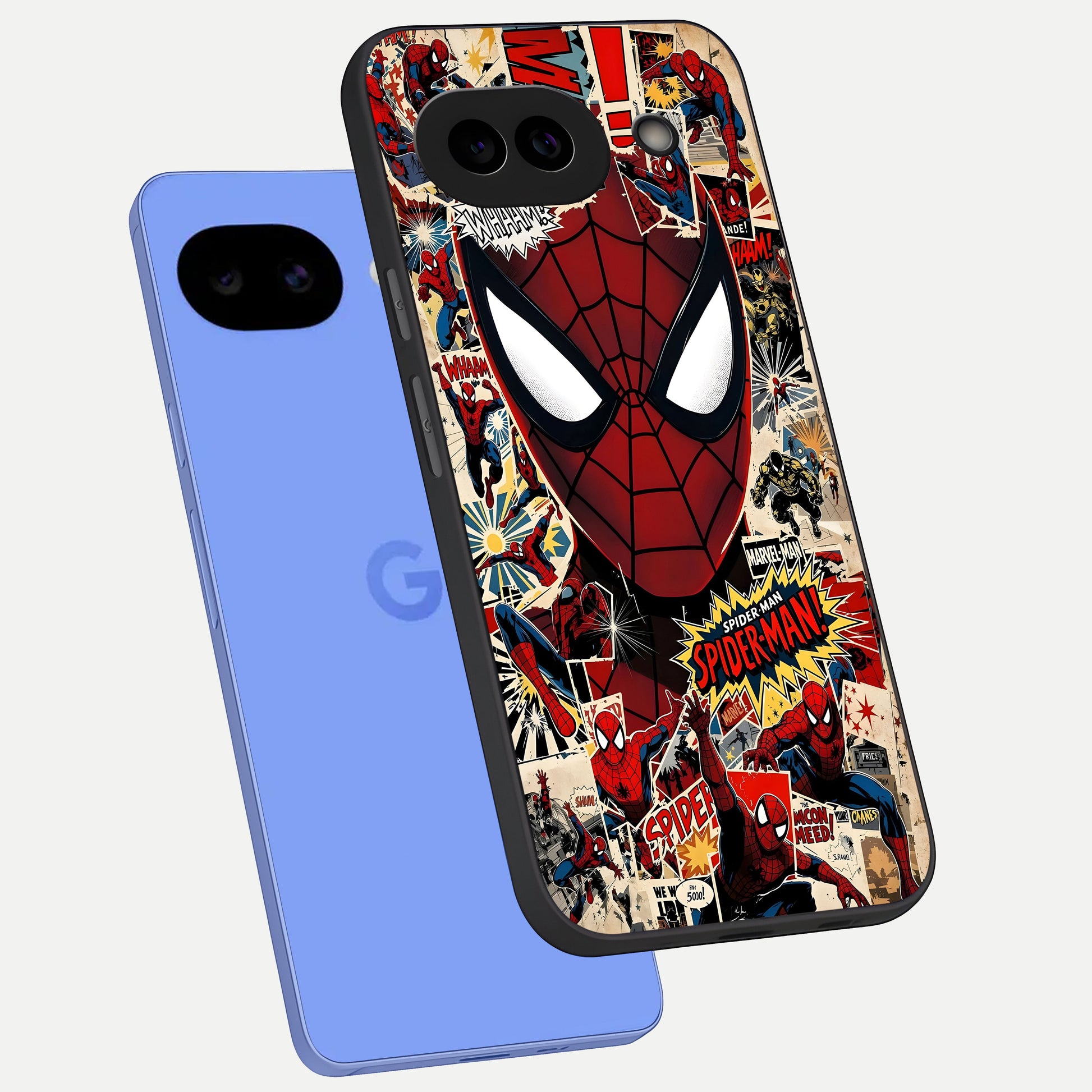  Aesthetic Wonder Spider phone case for Google Pixel 10A showing premium glass back cover with detailed artwork