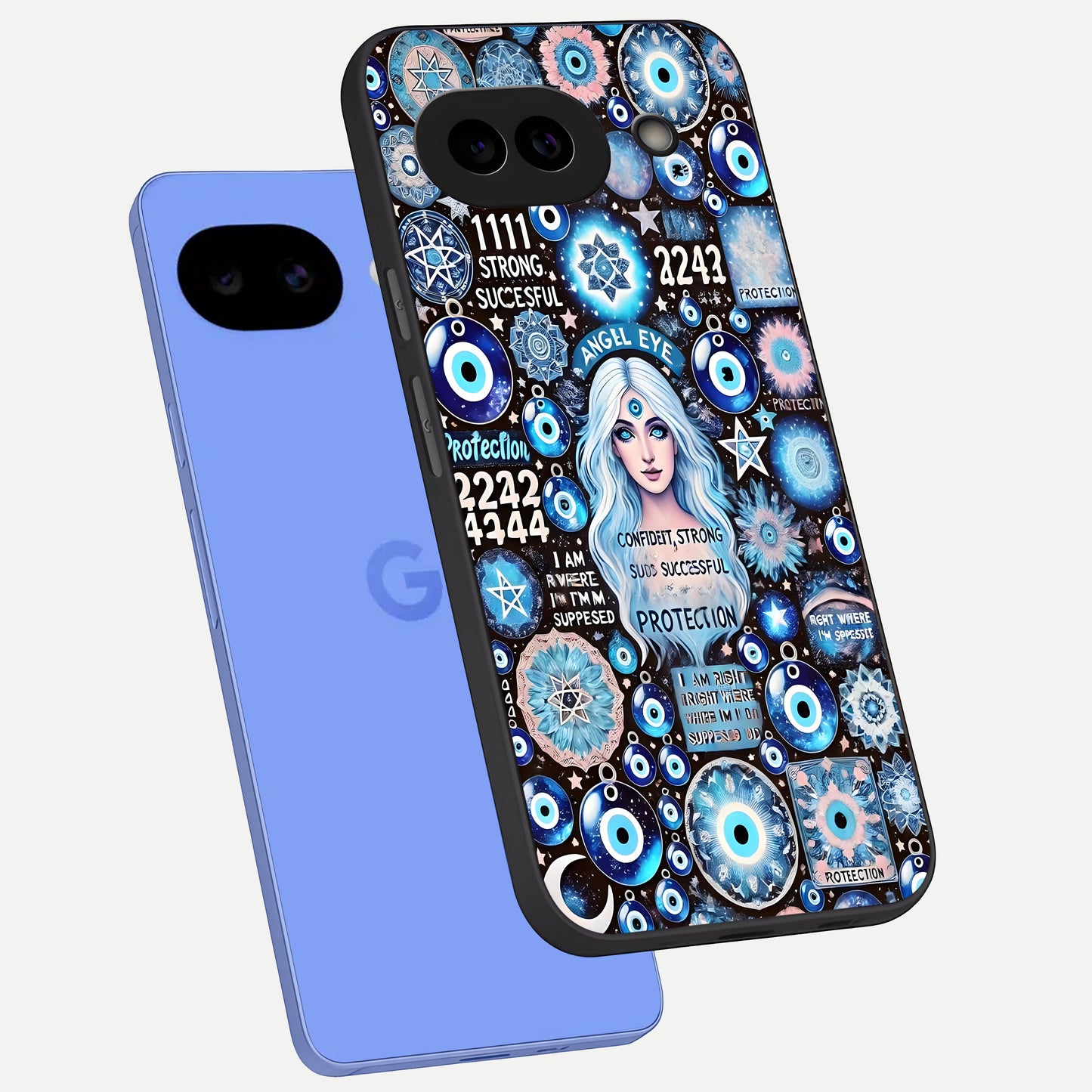  Angel Aura Shield phone case for Google Pixel 10A showing premium glass back cover with detailed artwork