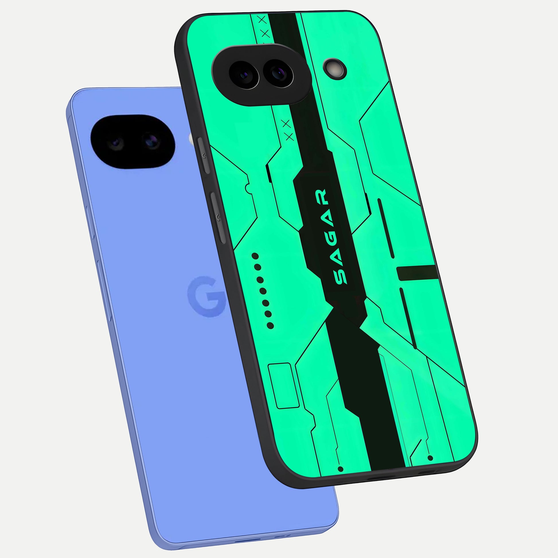  Aqua Tech CYBERPUNK Custom Name phone case for Google Pixel 10A showing premium glass back cover with detailed artwork