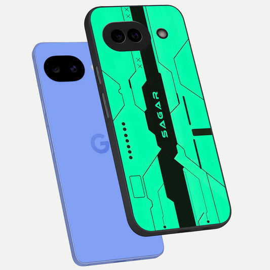  Aqua Tech CYBERPUNK Custom Name phone case for Google Pixel 10A showing premium glass back cover with detailed artwork