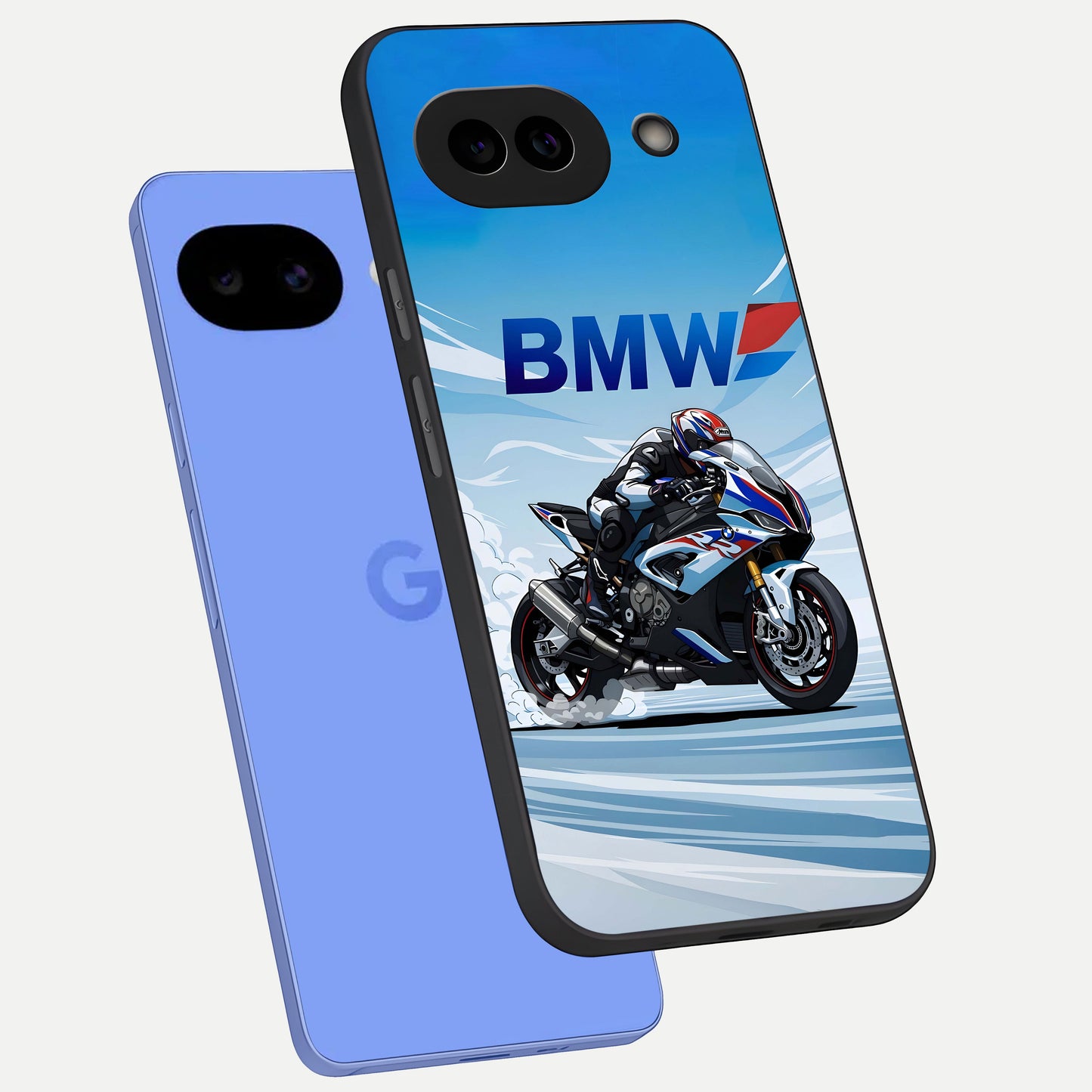  BMW Power Drift phone case for Google Pixel 10A showing premium glass back cover with detailed artwork