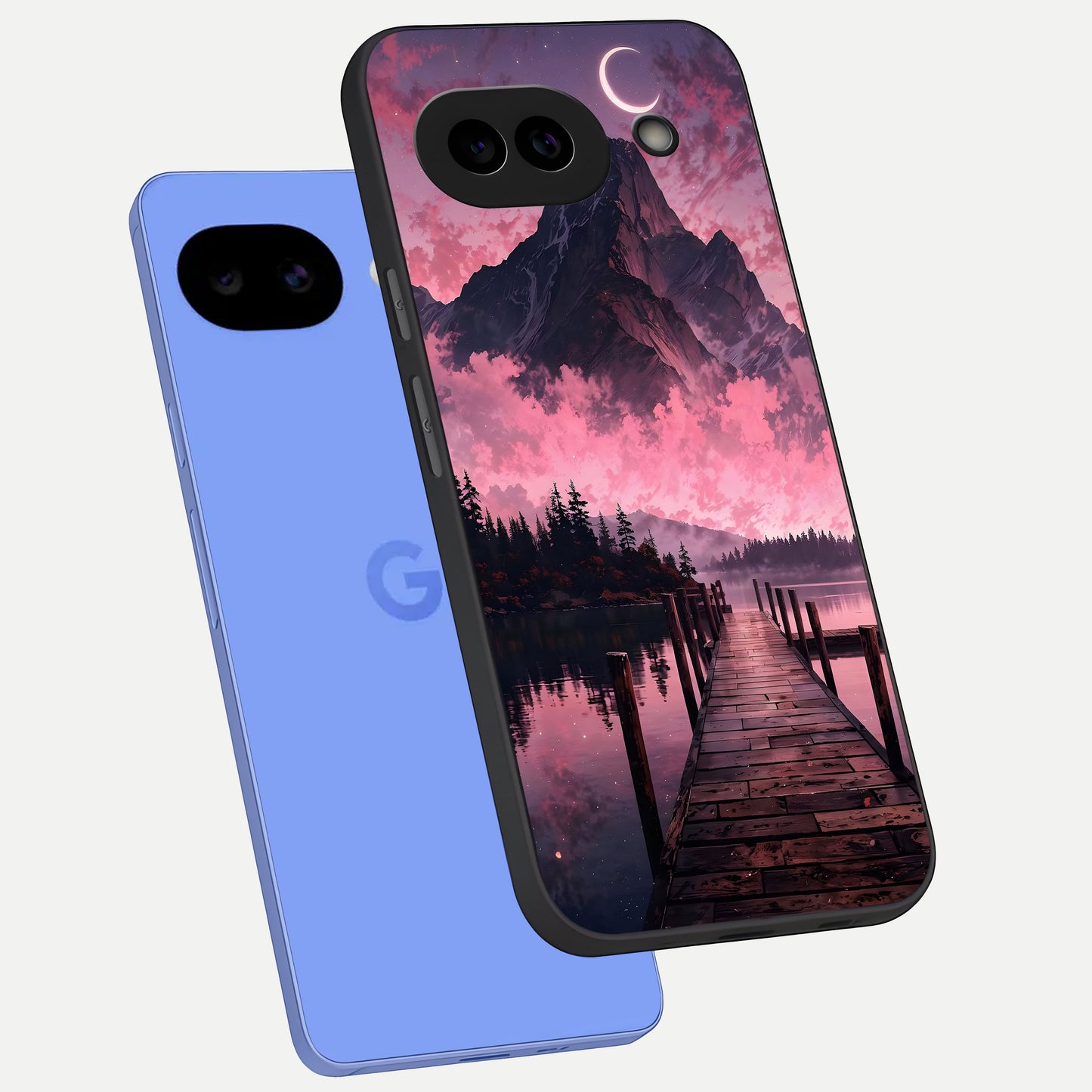  Beautiful Mountain View phone case for Google Pixel 10A showing premium glass back cover with detailed artwork