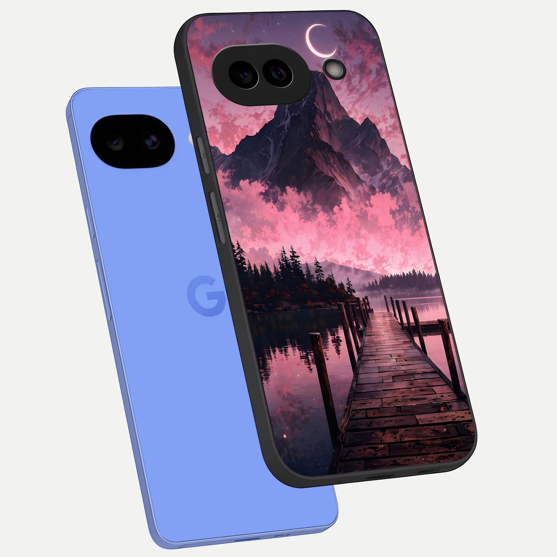  Beautiful Mountain View phone case for Google Pixel 10A showing premium glass back cover with detailed artwork