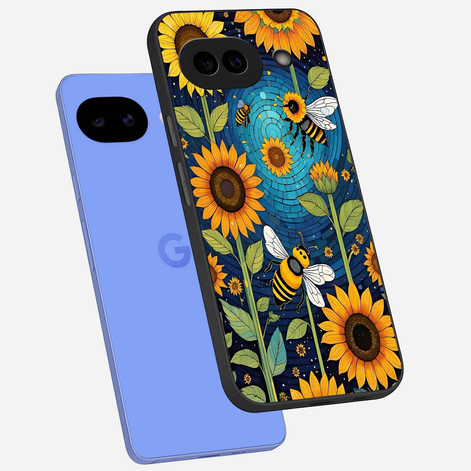  Bees And Sunflowers phone case for Google Pixel 10A showing premium glass back cover with detailed artwork