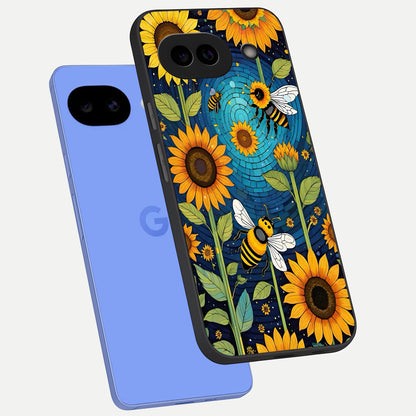  Bees And Sunflowers phone case for Google Pixel 10A showing premium glass back cover with detailed artwork