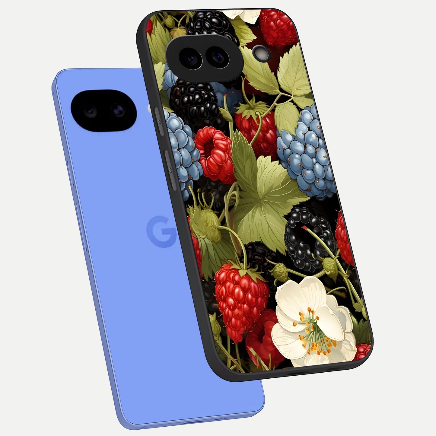  Berry Bloom Charm phone case for Google Pixel 10A showing premium glass back cover with detailed artwork