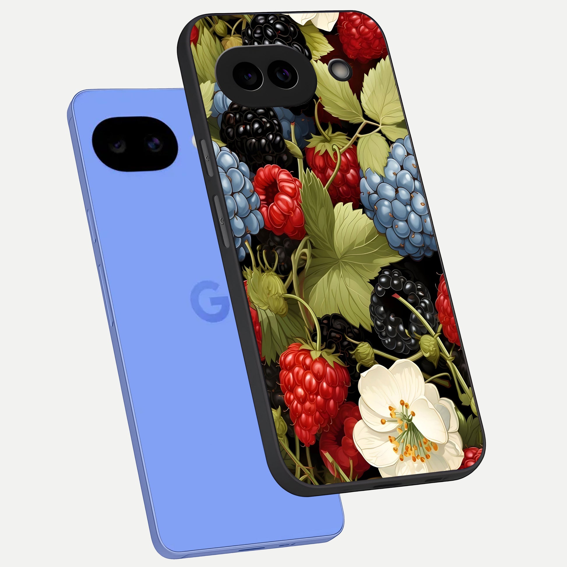  Berry Bloom Charm phone case for Google Pixel 10A showing premium glass back cover with detailed artwork