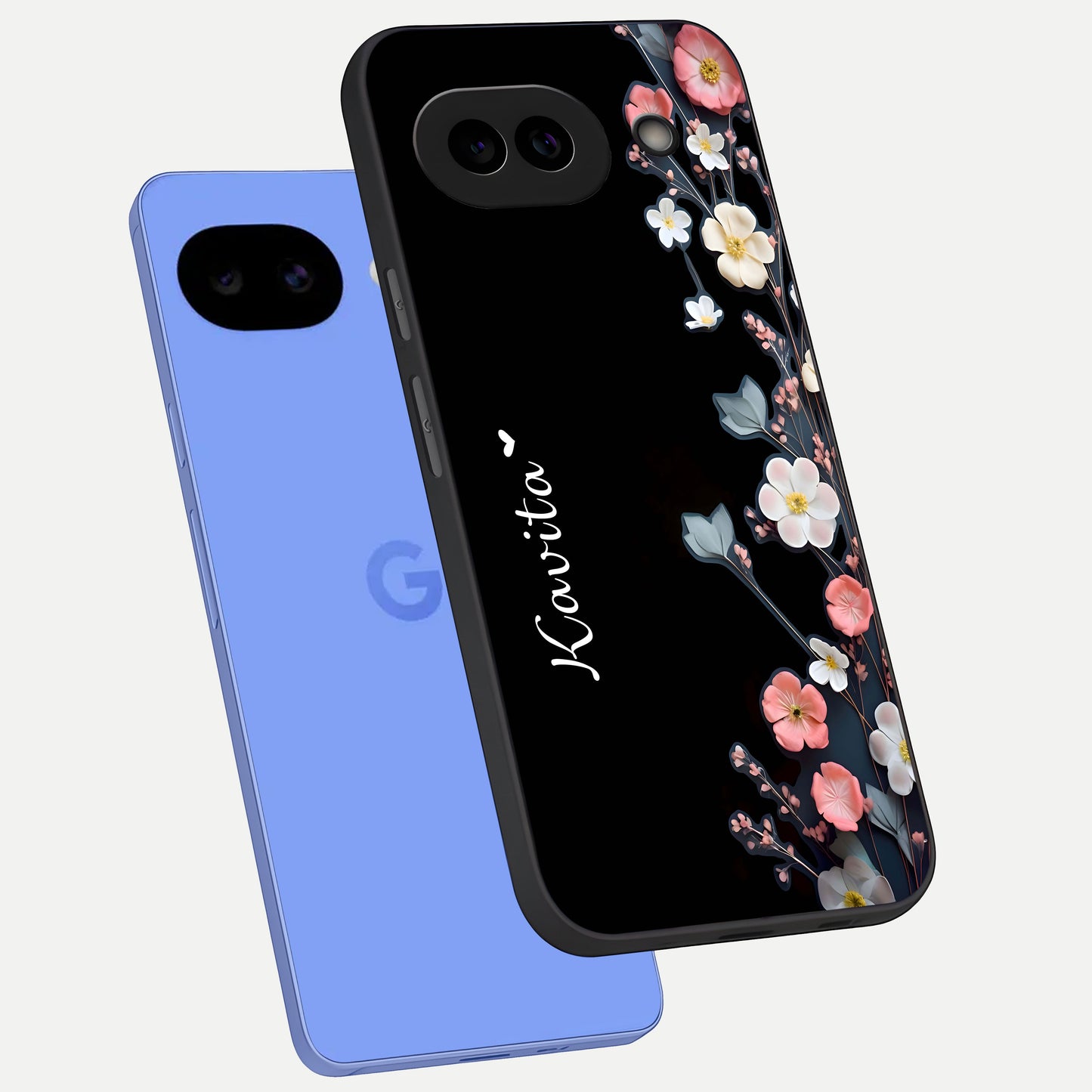  Black Elegance Floral Custom Name phone case for Google Pixel 10A showing premium glass back cover with detailed artwork