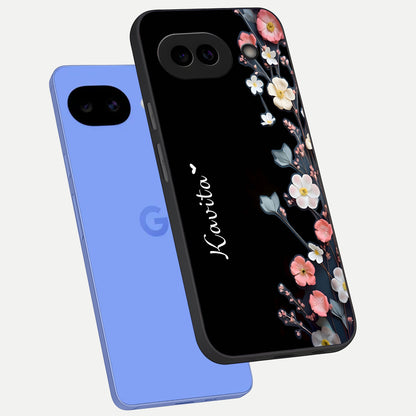  Black Elegance Floral Custom Name phone case for Google Pixel 10A showing premium glass back cover with detailed artwork