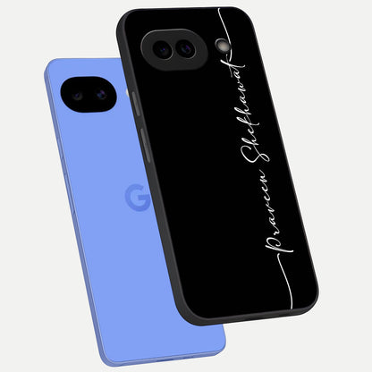  Black Tune Custom Name phone case for Google Pixel 10A showing premium glass back cover with detailed artwork