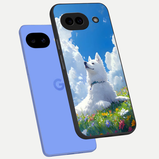  Blissful Cloud Pup phone case for Google Pixel 10A showing premium glass back cover with detailed artwork