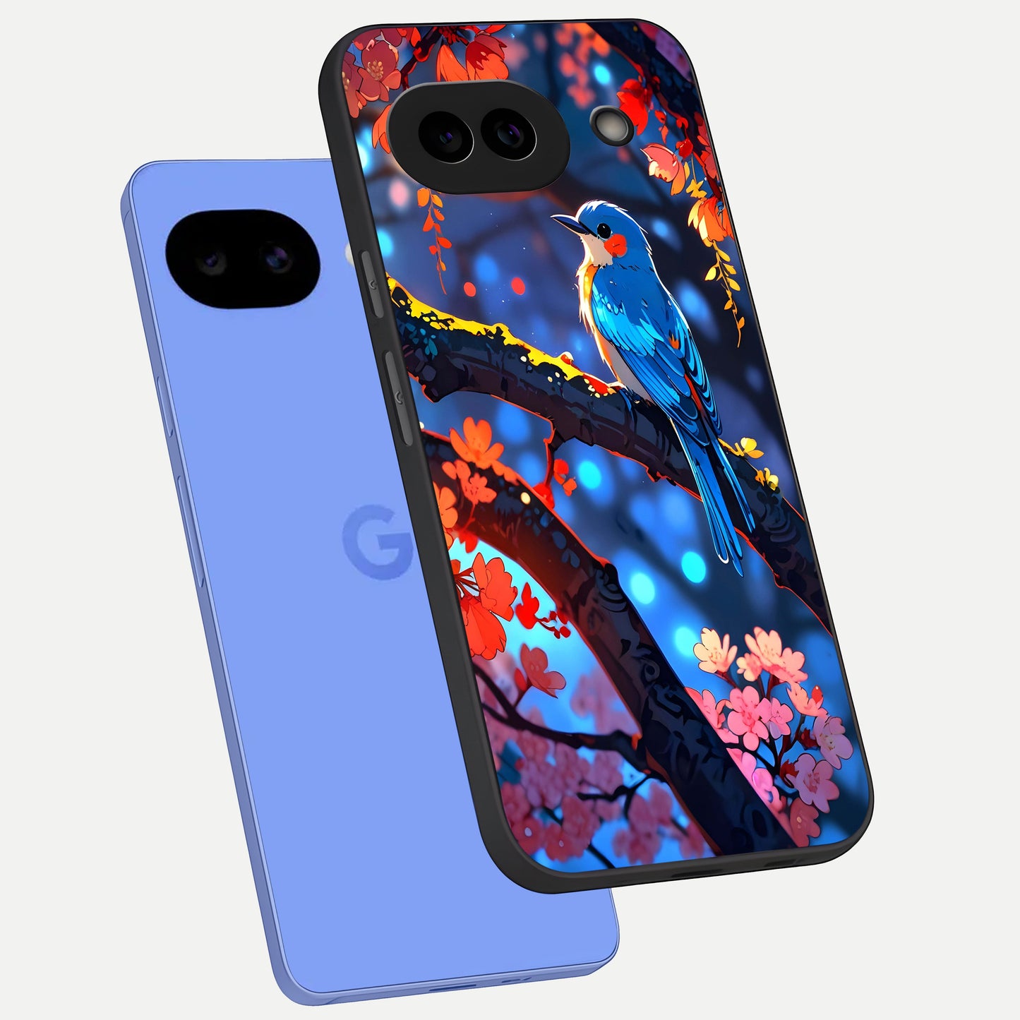  Blooming Spendor Bird phone case for Google Pixel 10A showing premium glass back cover with detailed artwork