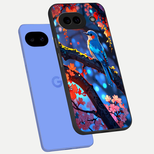  Blooming Spendor Bird phone case for Google Pixel 10A showing premium glass back cover with detailed artwork