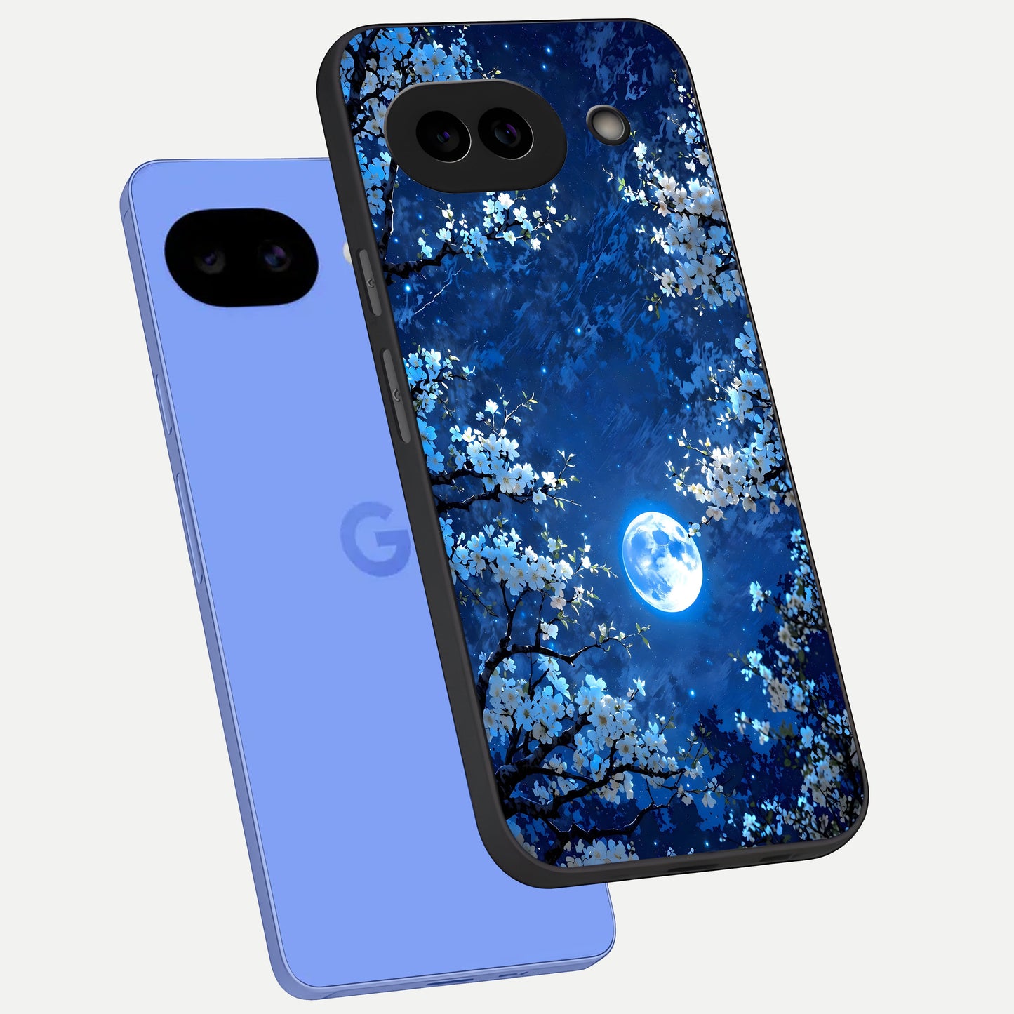  Blossom Moonlight Sky phone case for Google Pixel 10A showing premium glass back cover with detailed artwork