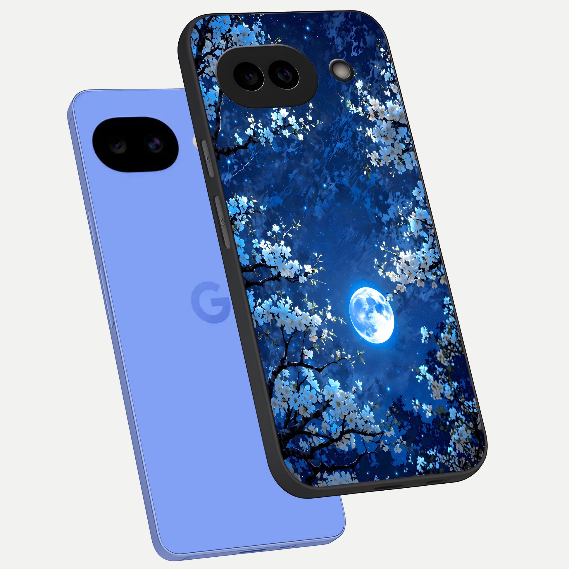  Blossom Moonlight Sky phone case for Google Pixel 10A showing premium glass back cover with detailed artwork