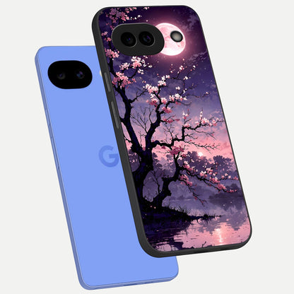  Blossom Pink Moon phone case for Google Pixel 10A showing premium glass back cover with detailed artwork