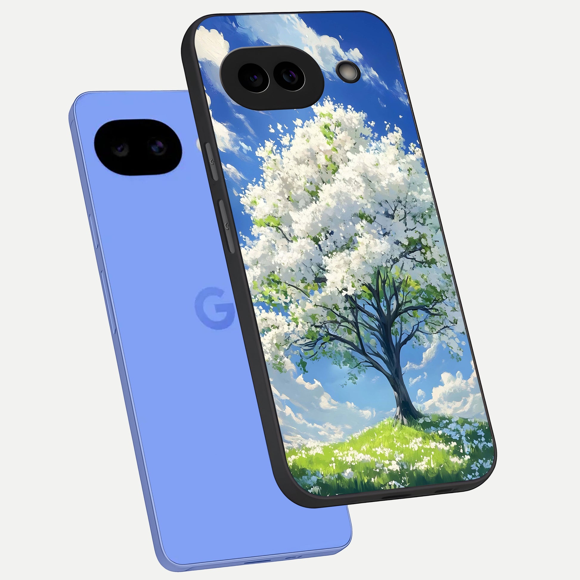  Blossom Sky Serenity phone case for Google Pixel 10A showing premium glass back cover with detailed artwork