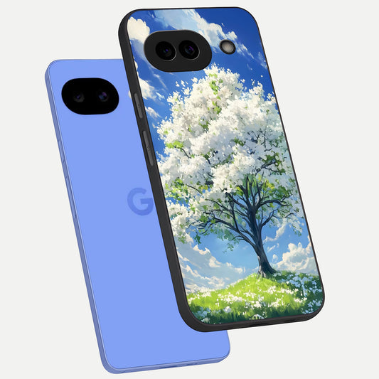  Blossom Sky Serenity phone case for Google Pixel 10A showing premium glass back cover with detailed artwork