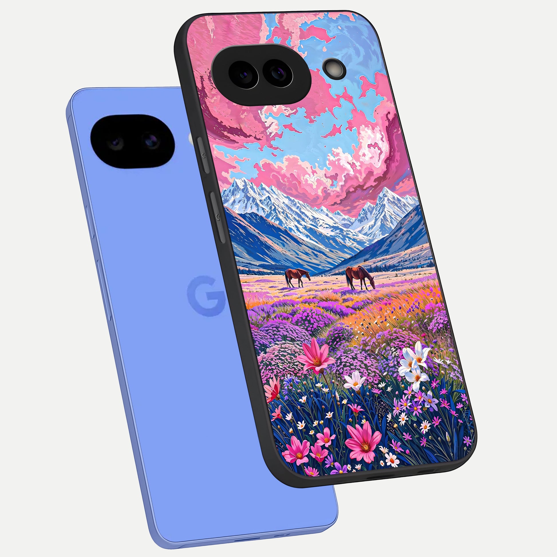  Blossom Valley Dream phone case for Google Pixel 10A showing premium glass back cover with detailed artwork