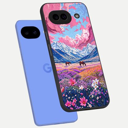  Blossom Valley Dream phone case for Google Pixel 10A showing premium glass back cover with detailed artwork