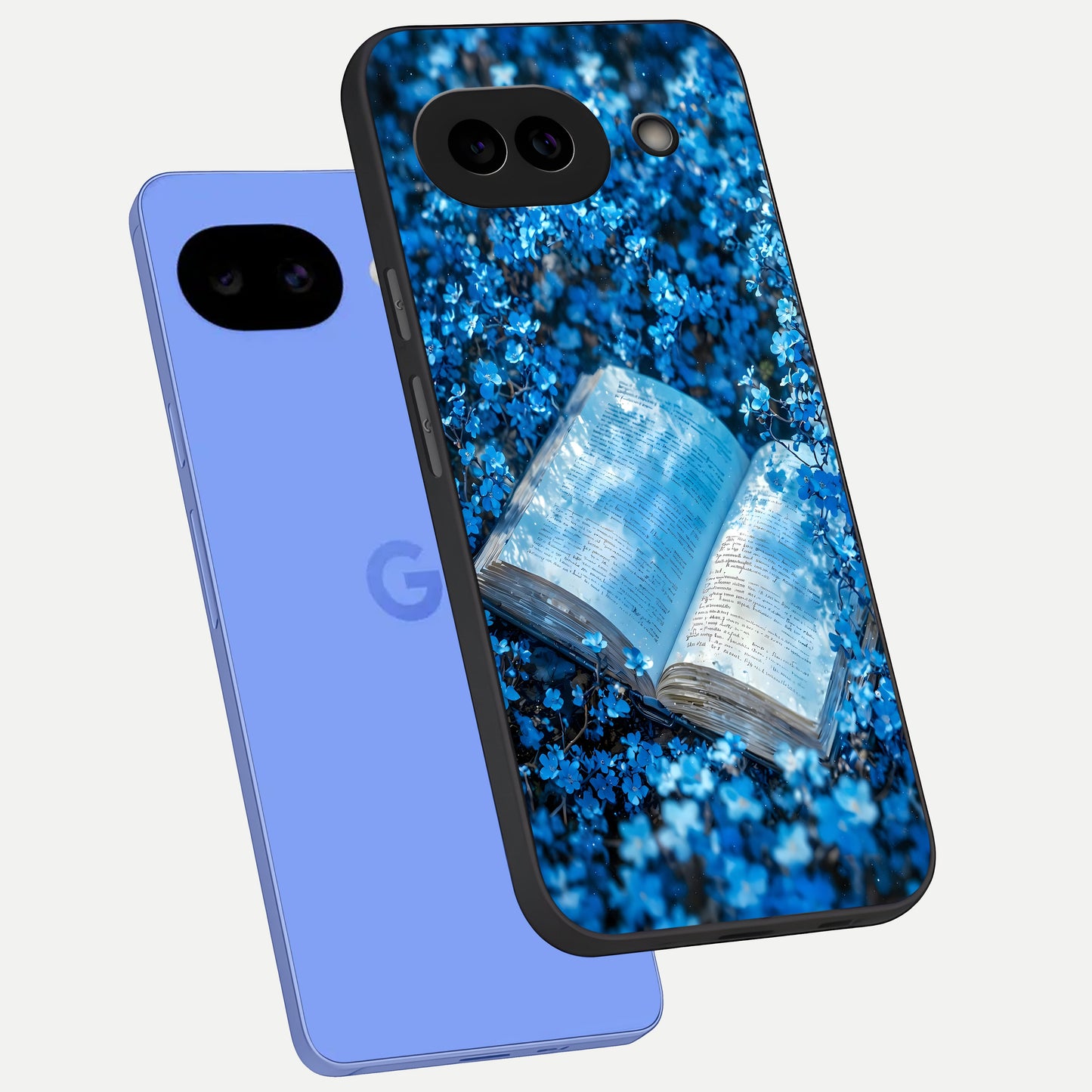  Blue Bloom Tales phone case for Google Pixel 10A showing premium glass back cover with detailed artwork