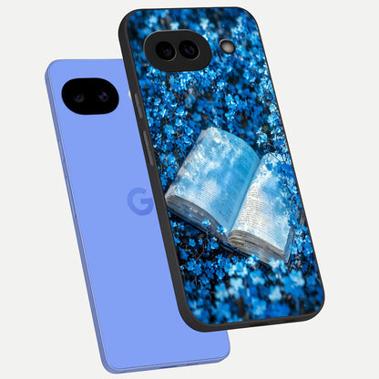  Blue Bloom Tales phone case for Google Pixel 10A showing premium glass back cover with detailed artwork