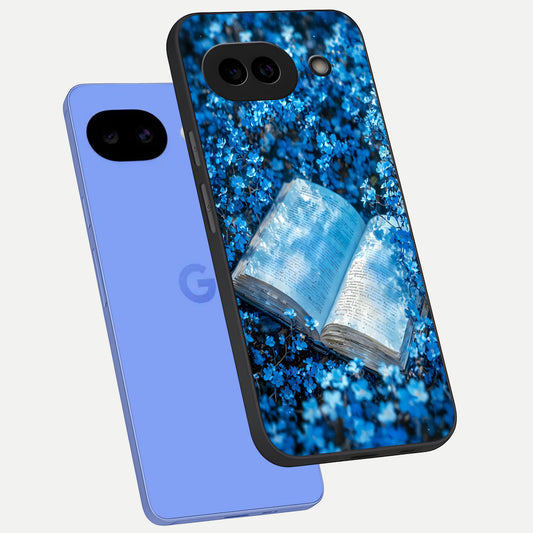  Blue Bloom Tales phone case for Google Pixel 10A showing premium glass back cover with detailed artwork