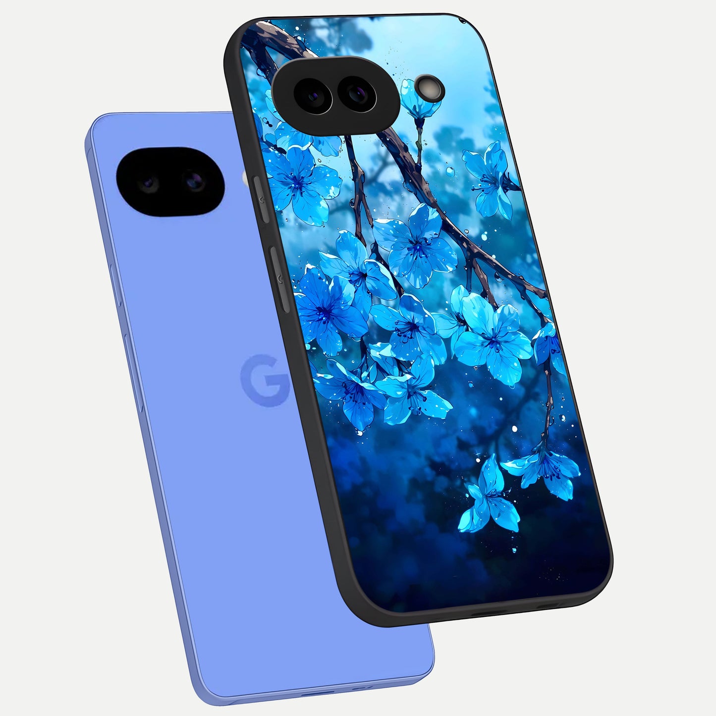  Blue Blossoms Branch phone case for Google Pixel 10A showing premium glass back cover with detailed artwork