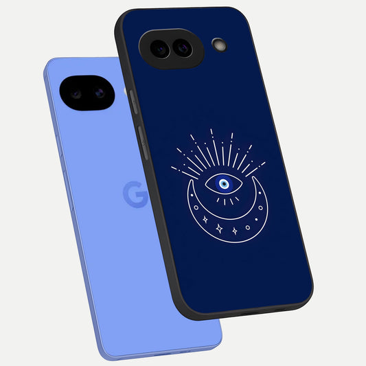  Blue Evil Eye phone case for Google Pixel 10A showing premium glass back cover with detailed artwork