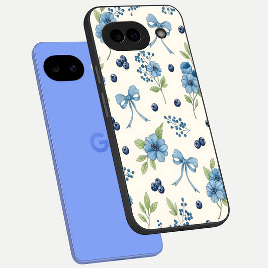  Blue Flower And Bow phone case for Google Pixel 10A showing premium glass back cover with detailed artwork