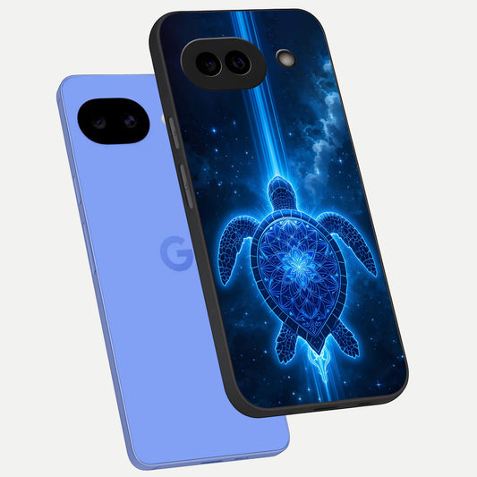  Blue Galaxy Turtle phone case for Google Pixel 10A showing premium glass back cover with detailed artwork