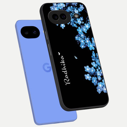  Blue Petal Dream Custom Name phone case for Google Pixel 10A showing premium glass back cover with detailed artwork