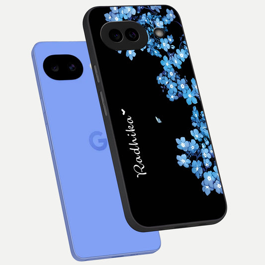  Blue Petal Dream Custom Name phone case for Google Pixel 10A showing premium glass back cover with detailed artwork