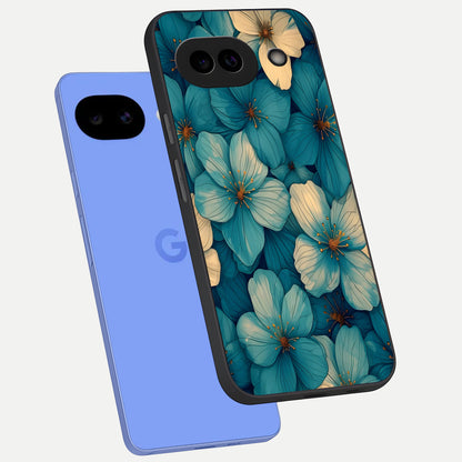  Blue Shade Floral phone case for Google Pixel 10A showing premium glass back cover with detailed artwork