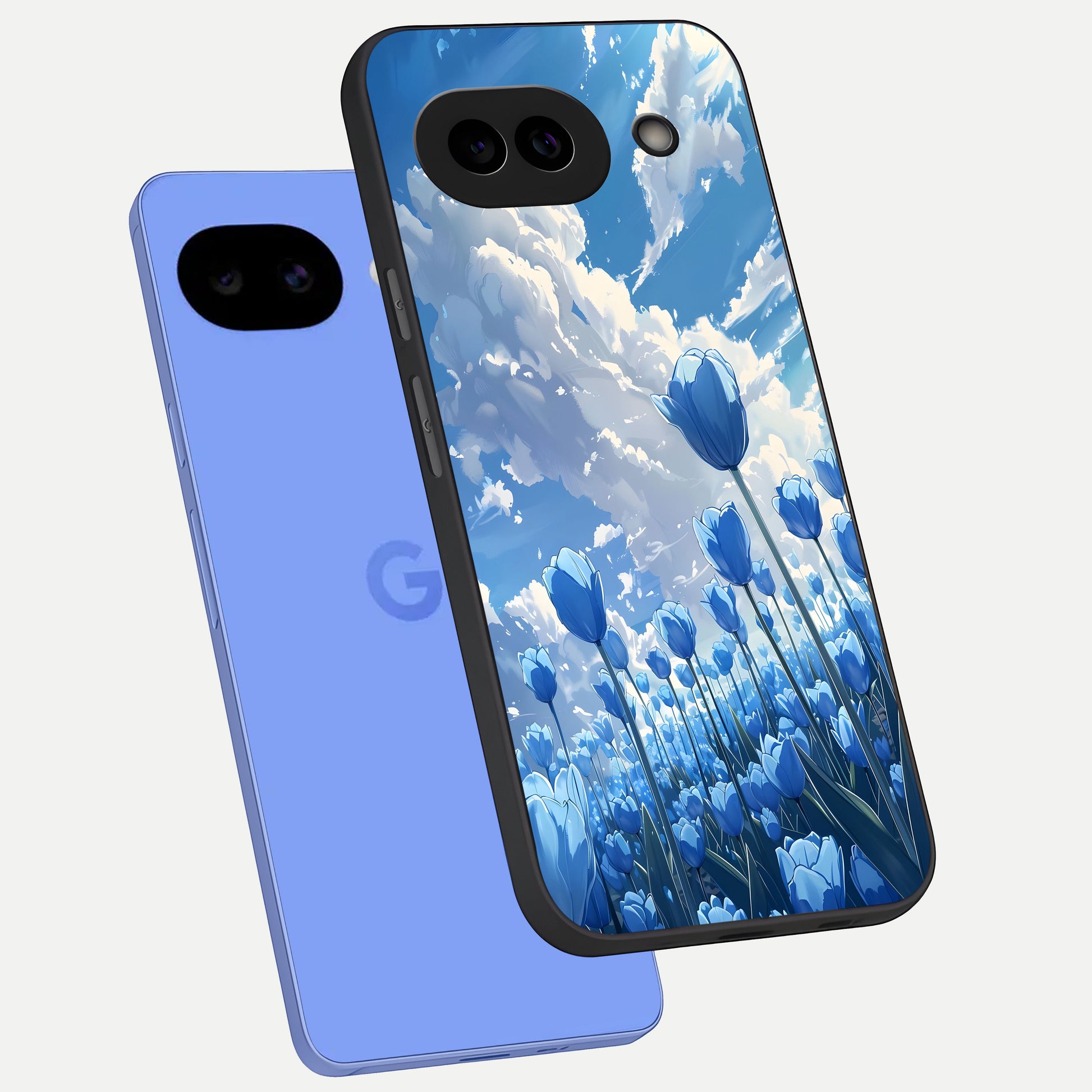  Blue Tulip Clouds phone case for Google Pixel 10A showing premium glass back cover with detailed artwork
