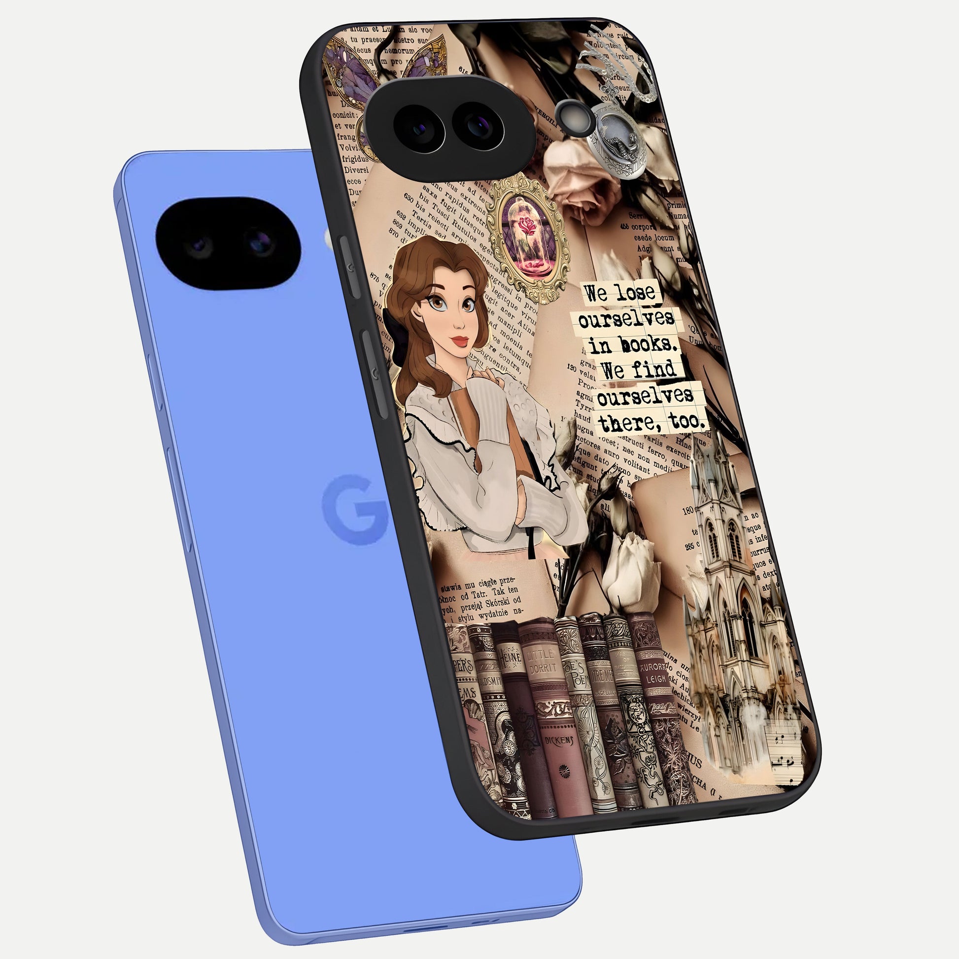  Bookish Dream World phone case for Google Pixel 10A showing premium glass back cover with detailed artwork