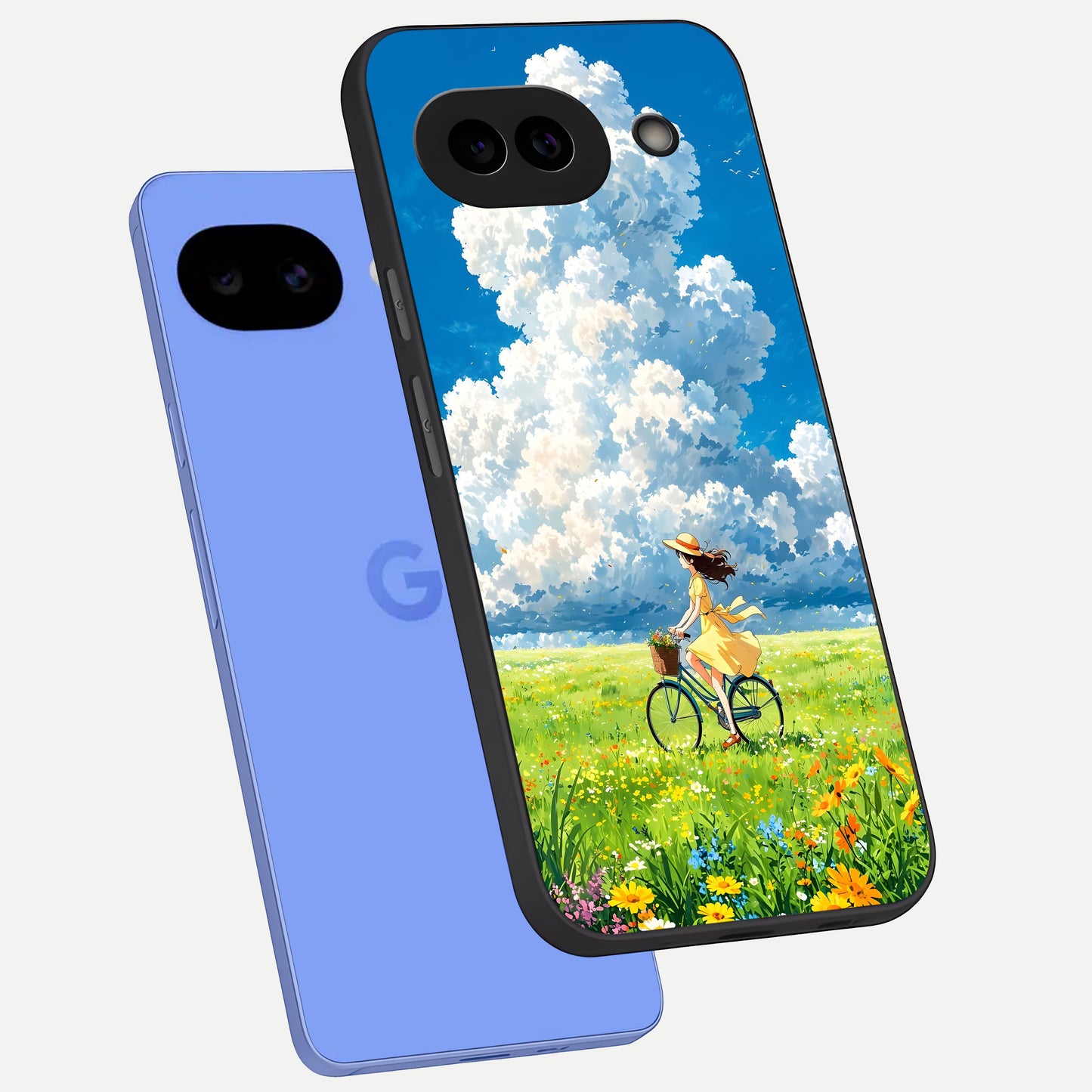  Breezy Meadow Ride phone case for Google Pixel 10A showing premium glass back cover with detailed artwork