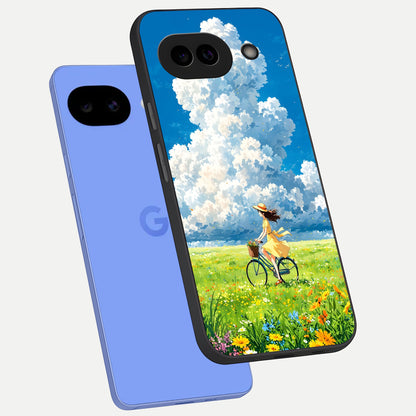  Breezy Meadow Ride phone case for Google Pixel 10A showing premium glass back cover with detailed artwork