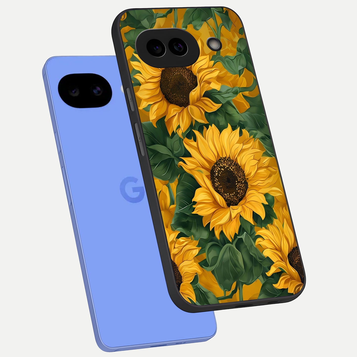  Bright Sunflower Bloom phone case for Google Pixel 10A showing premium glass back cover with detailed artwork