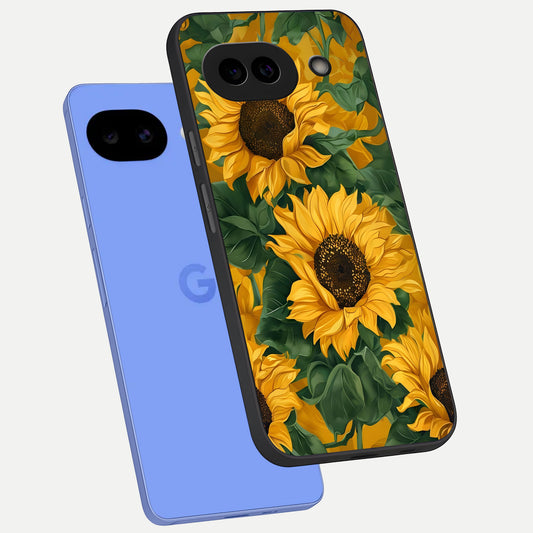 Bright Sunflower Bloom phone case for Google Pixel 10A showing premium glass back cover with detailed artwork