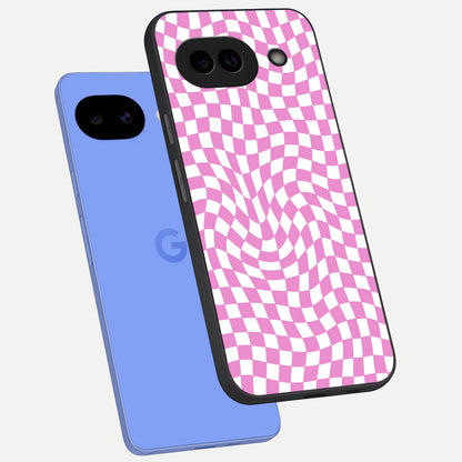  Bubblegum Check Wave phone case for Google Pixel 10A showing premium glass back cover with detailed artwork