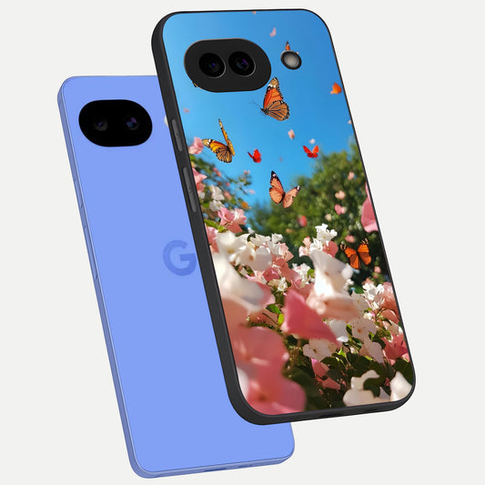  Butterflies In Bloom Sky phone case for Google Pixel 10A showing premium glass back cover with detailed artwork