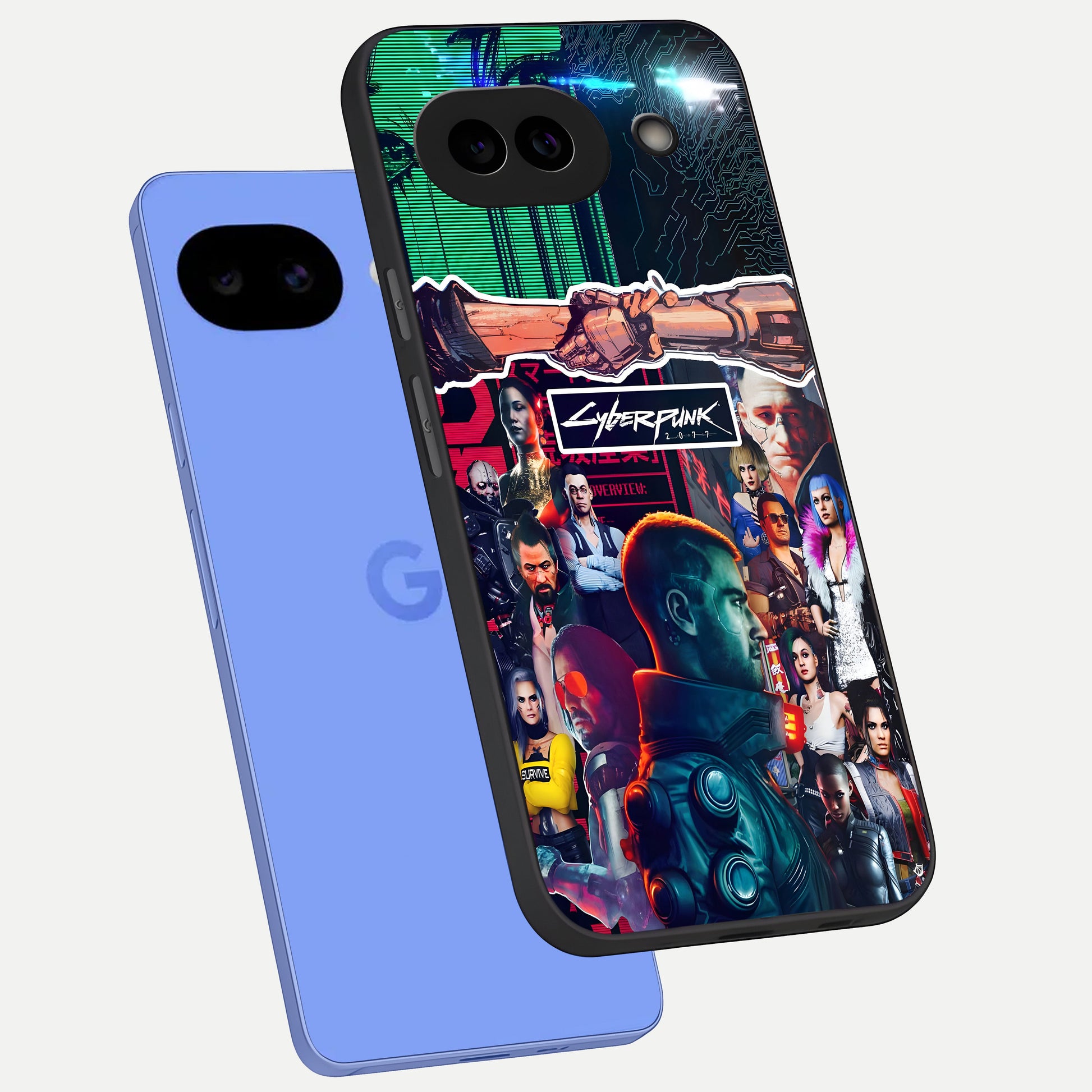  CYBERPUNK Legacy phone case for Google Pixel 10A showing premium glass back cover with detailed artwork